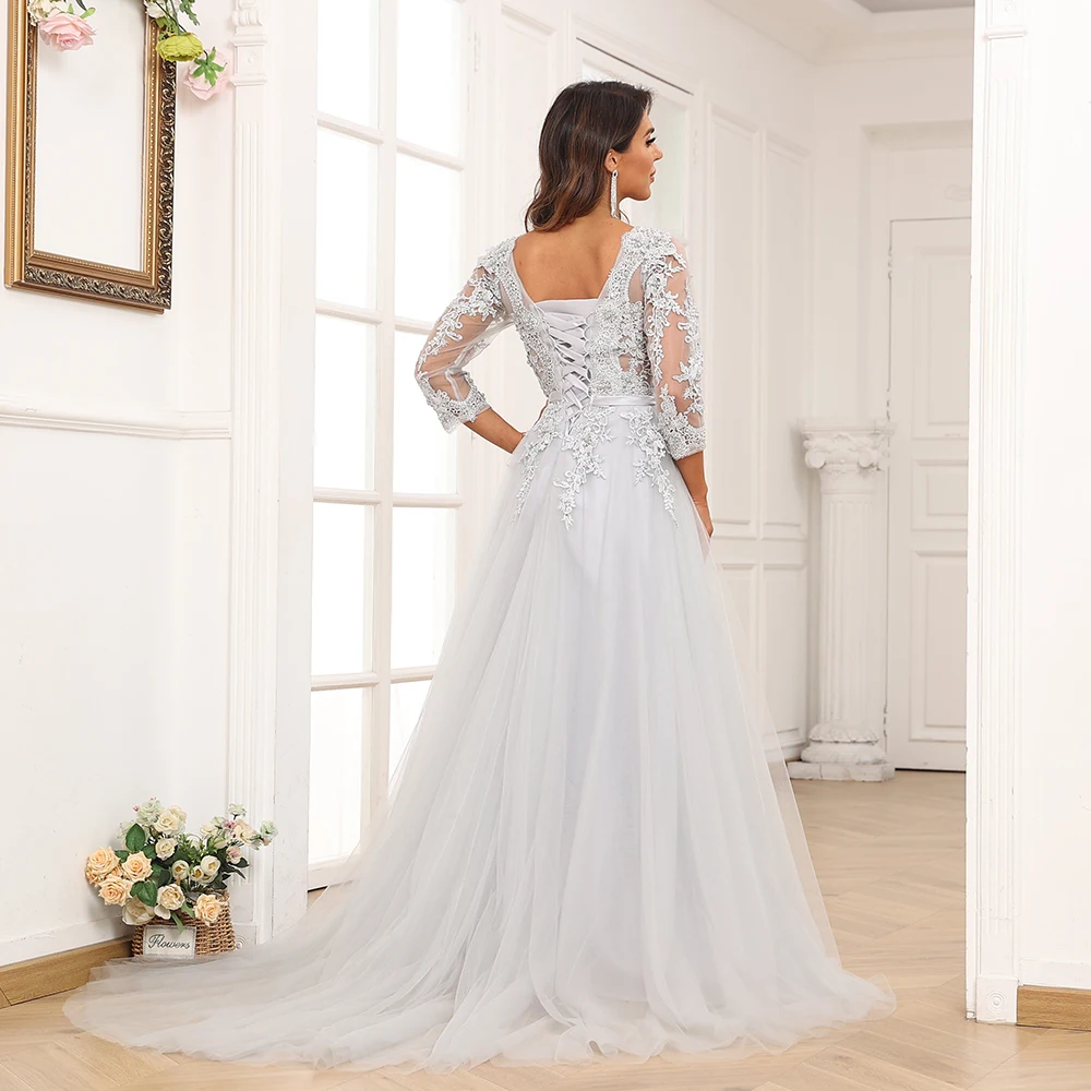 Robe de Rhmoderne ligne A pour femme, appliques en dentelle, col transparent, longue robe de soirée formelle, robe de mère de la mariée, tout ce qui est pour les femmes, manches mi-longues