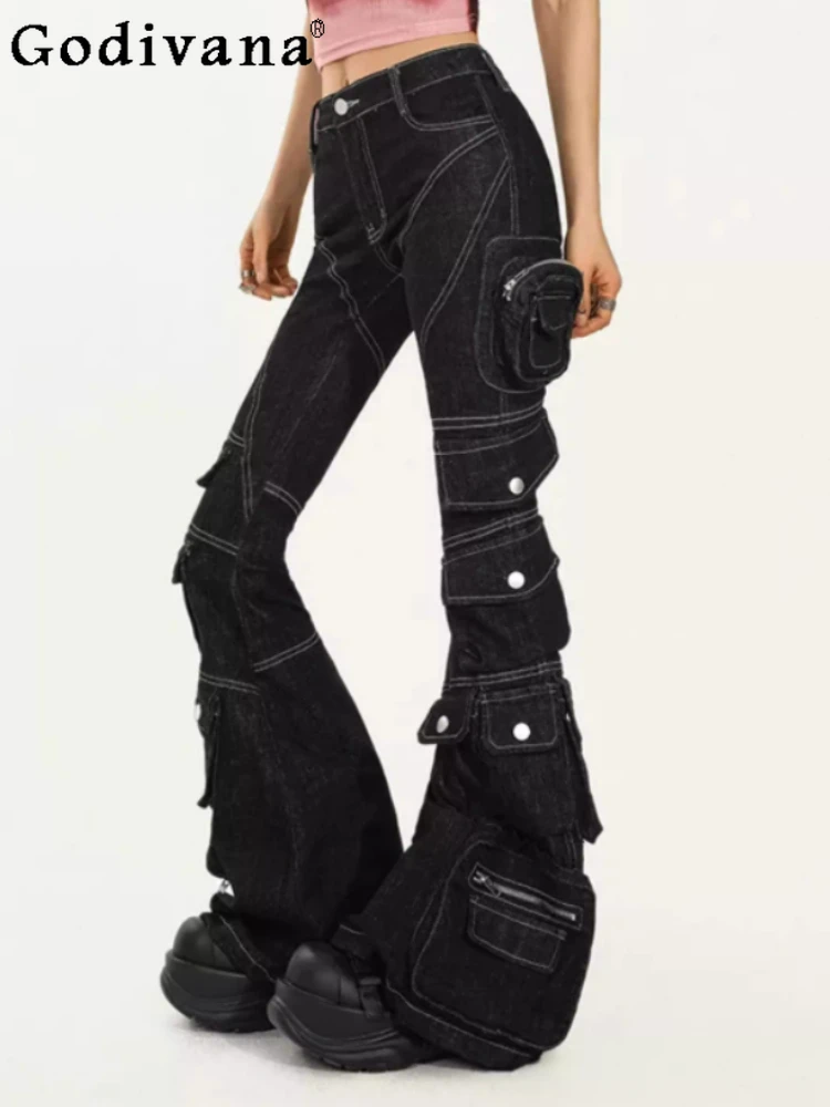 New American Sexy Heavy Industry Multi-pocket Micro-pull Jeans Spring Autumn Personalized Women Black Versatile Slim Trousers