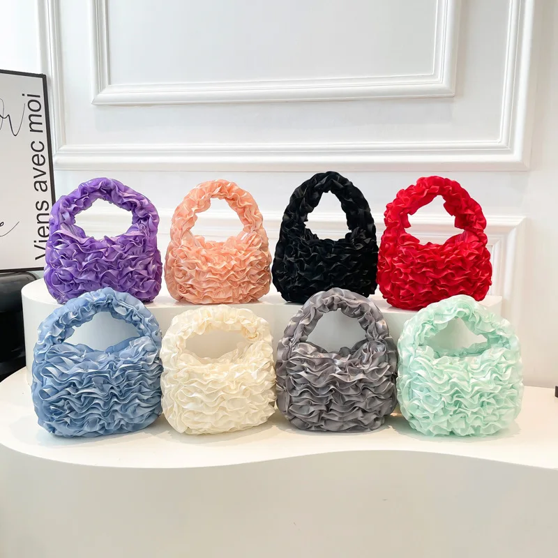 

Elegant Satin Ruffle Casual Hobo Bag with All Over Frill Detail Tote Bag Soft Fabric Mini Handbag Purse for Women Partie Evening