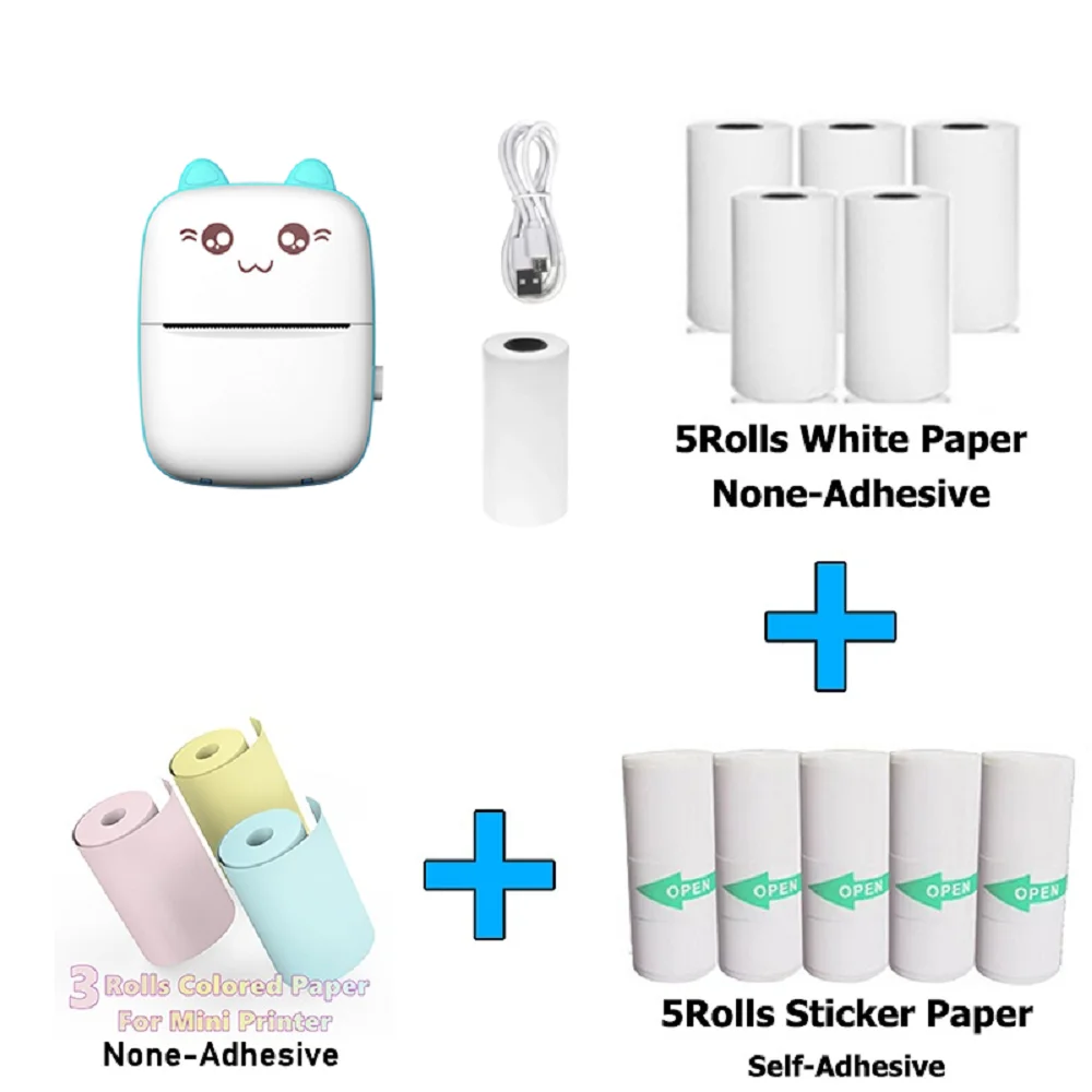 Mini Pocket Printer Mini Sticker Printer Portable for Printer with 13 Roll Papers for Notes, Photos, Stickers, Labels, Receipts