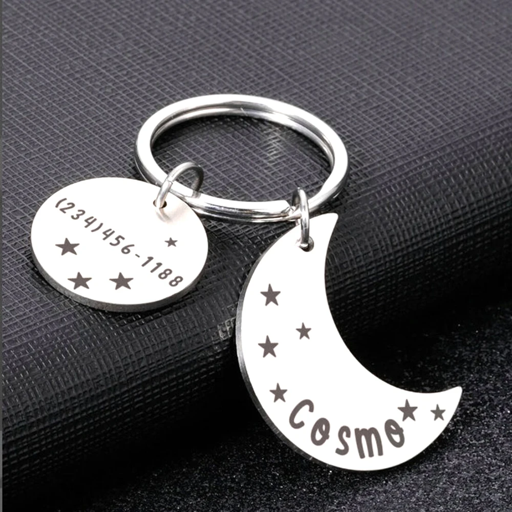 Moon And Stars, Custom Name Tag, Custom Engraved Telephone Number, Name Keychain, Stainless Steel Metal Keychain, Special Gift