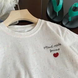 Children Clothing Cotton Linen Short Sleeve 2024 Summer Korean Style T Shirt Boys Girls Elastic Cute Round Neck Embroidery Top