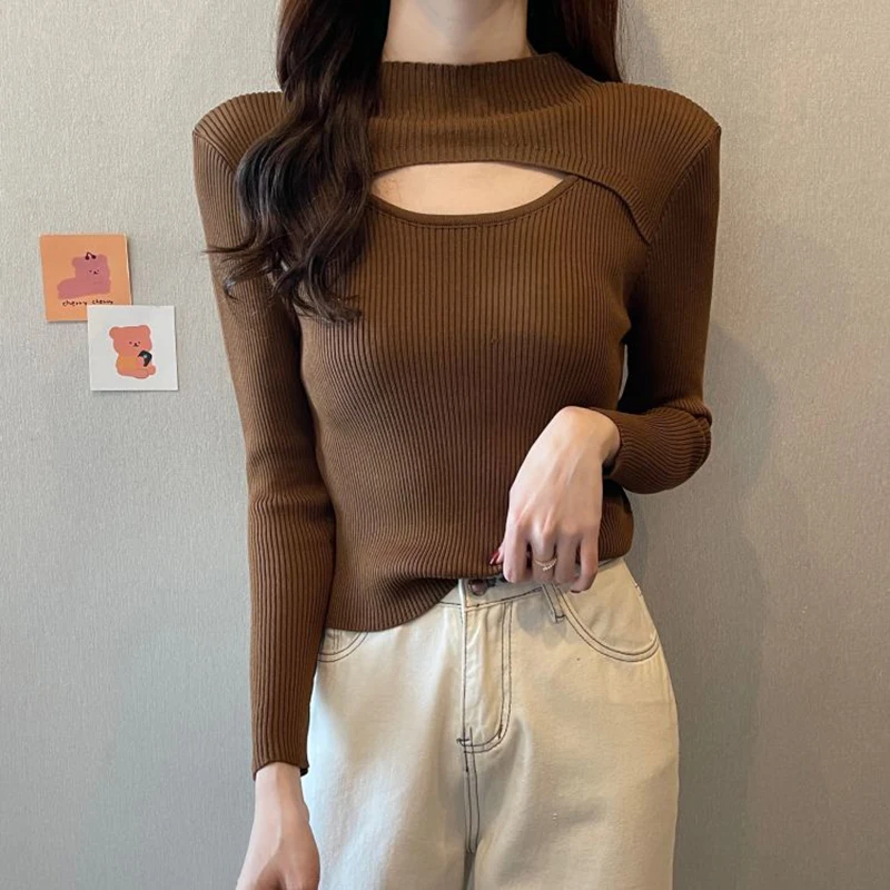 Autumn Half Turtle Neck Knit Sweaters Women Y2K Sexy Hollow Out Long Sleeves Slim Pullover Female Simple Solid All-match Jumper