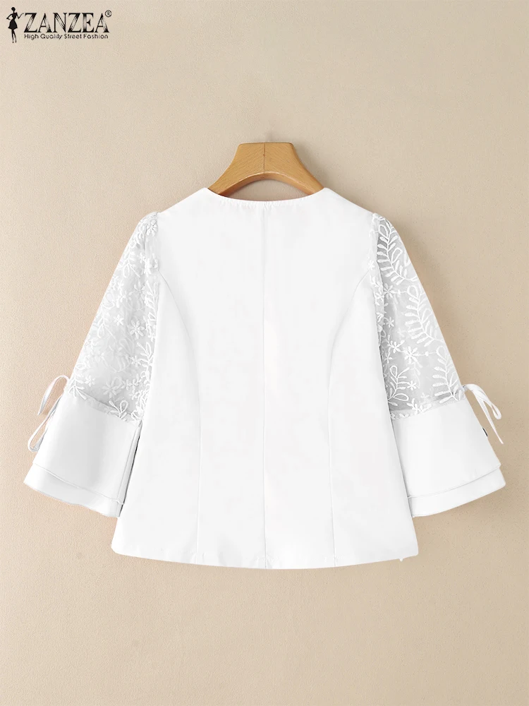 ZANZEA Elegant 3/4 Sleeve Offce Satin Shirt Women Blouses 2025 Summer Lace Patchwork Tops Fashion Solid Slim Fit Party Blusas