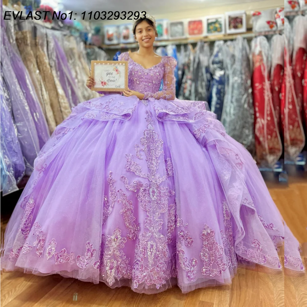 EVLAST Customized Shiny Lilac Quinceanera Dress Ball Gown Sequins Lace Applique Beading Sweet 16 Vestido De 15 Anos E1Q399