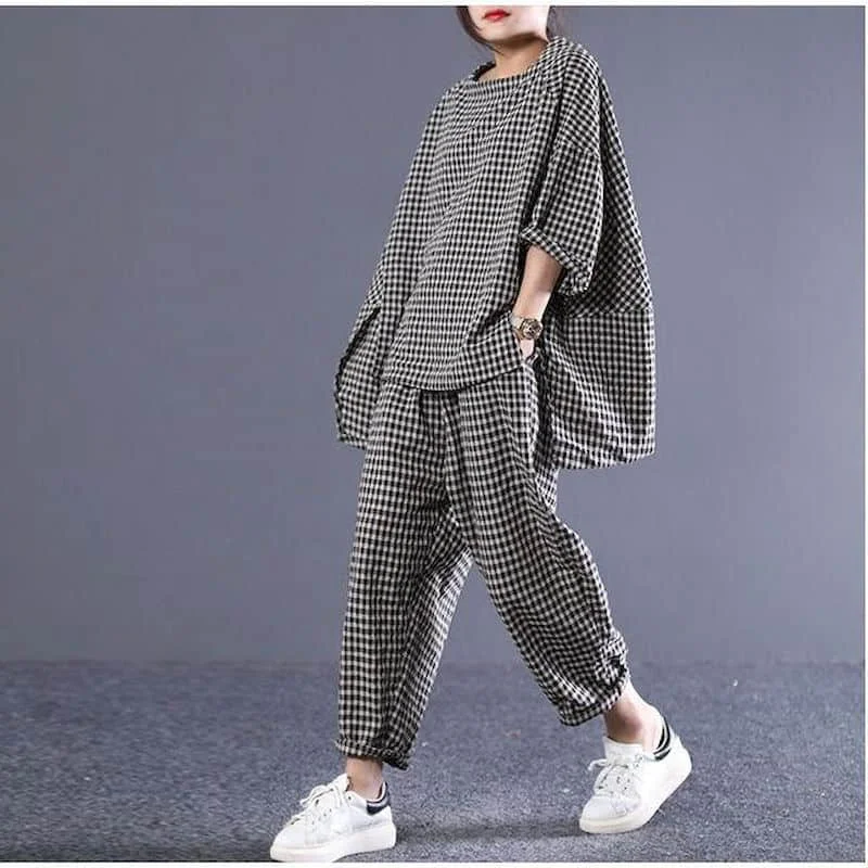 Cotton Linen Pants Sets Short Sleeve Vintage Plaid Tops and Casual Pants Oversized  Korean Fashion Two Piece Sets Women Outfits