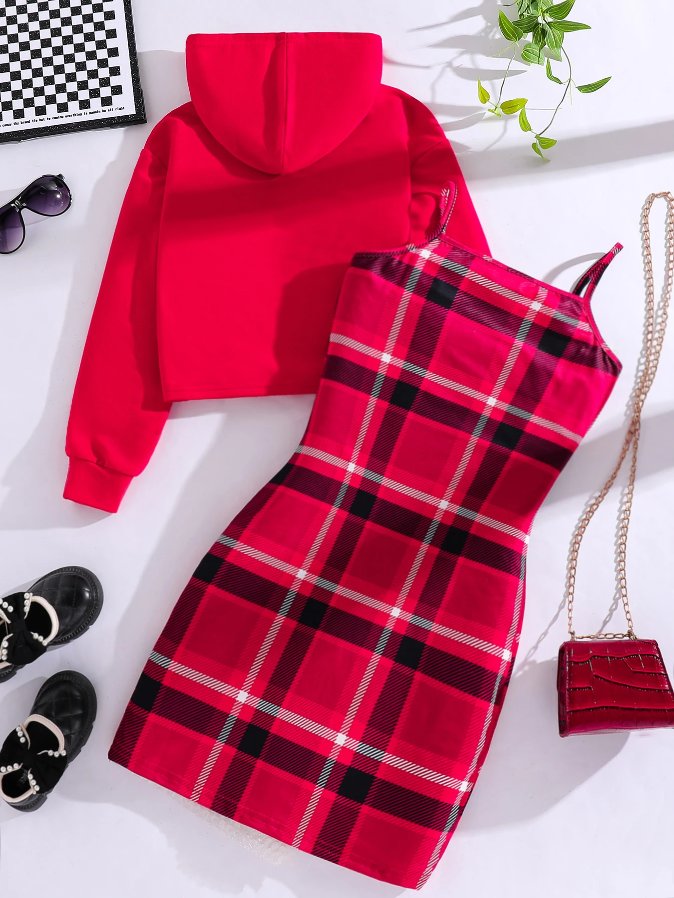 Spring and Autumn girls fashion set 2 red cartoon printed hoodie + red plaid halter dress