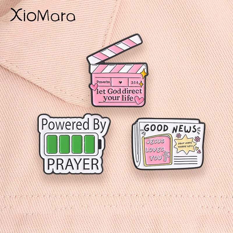 Christian Faith Enamel Pins Powered By Prayer Battery Bible Verse Religious Jesus Good News Brooches Lapel Badge Jewelry Gifts