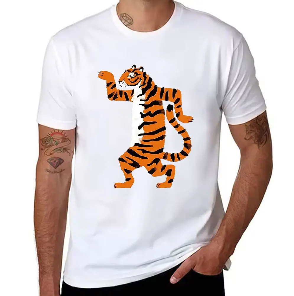 Men's 100% Cotton T-Shirt, Funny Dancing Tiger Graphic Print Casual Short Sleeve Tee, Trendy Animal Pattern Summer Top