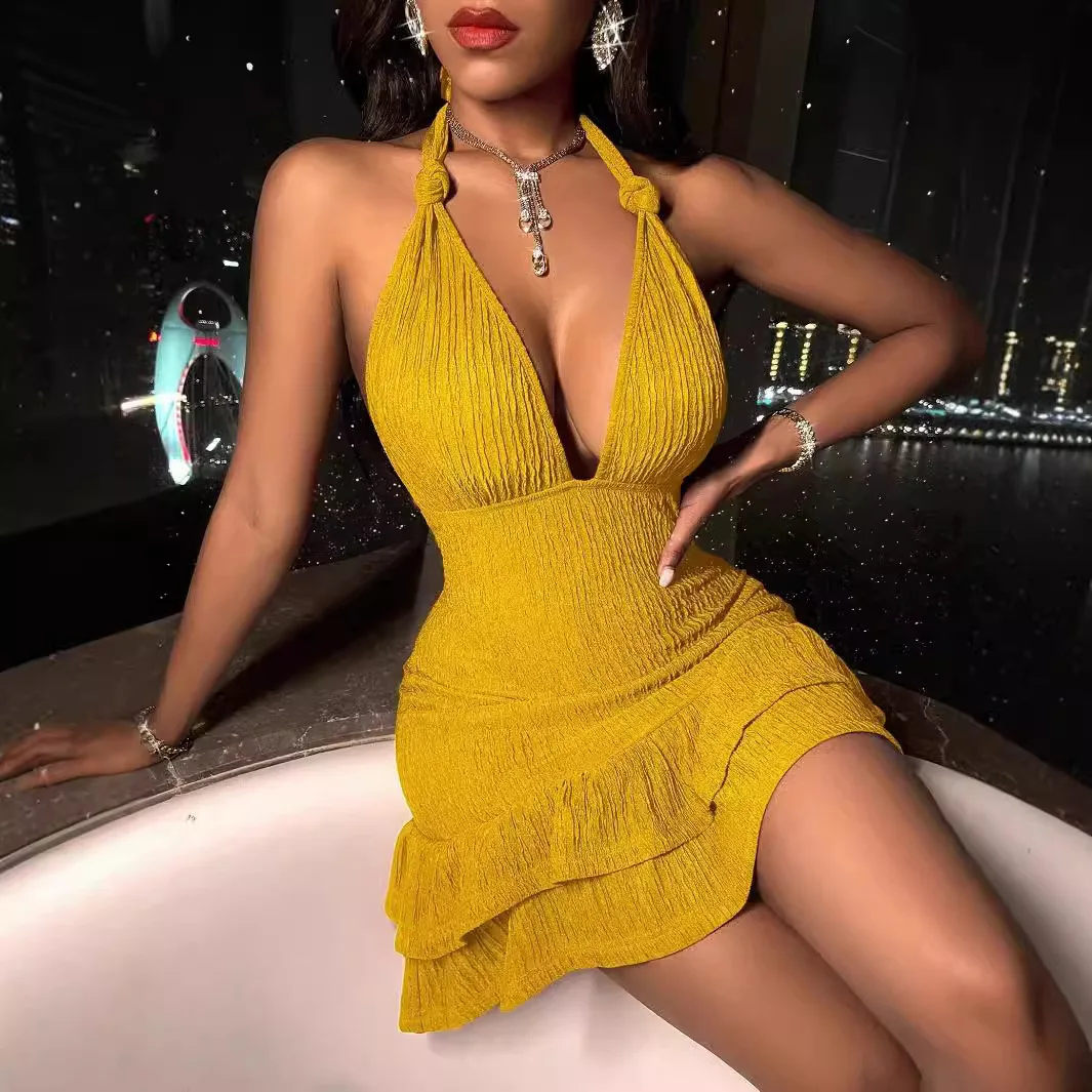 Women Trendy Dress Hanging Neck Sexy Low Cut Slim Sleeveless Solid Color Robe Femme Bag Buttock Dresses 2025 Summer New Fashion