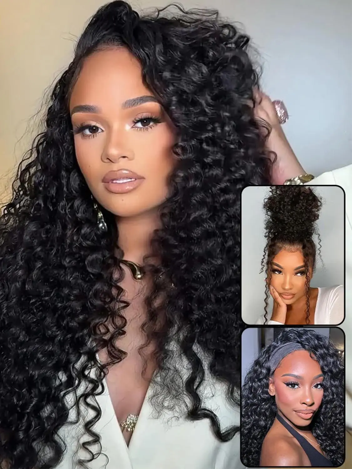 3-in-1 Multi-Wear Jerry Curly Halbperücke, natürliches Schwarz, brasilianisches Remy-Echthaar, maschinell gefertigt, 200 % dicke Dichte, nahtloses Flip-Over-Design, verstellbarer Kordelzug, Wear-and-Go für Damen – Detail 6