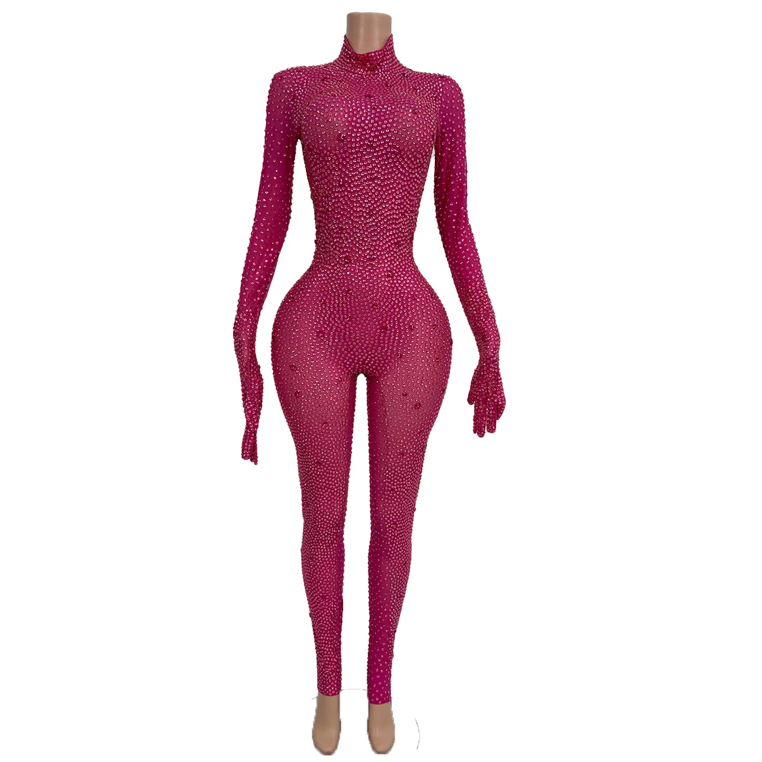 Sparkly Full Pink Crystals Jumpsuit For Hot Girls Club Show Sexy Bodycon Elastic Jumpsuit Birthday Photograph Wear Costume Party