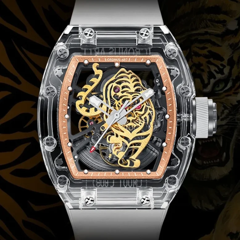 

CRONUSART Men Automatic Watch 50mm Tonneau Mechanical Wristwatch Acrylic Case Luminous Skeleton Tiger Dial