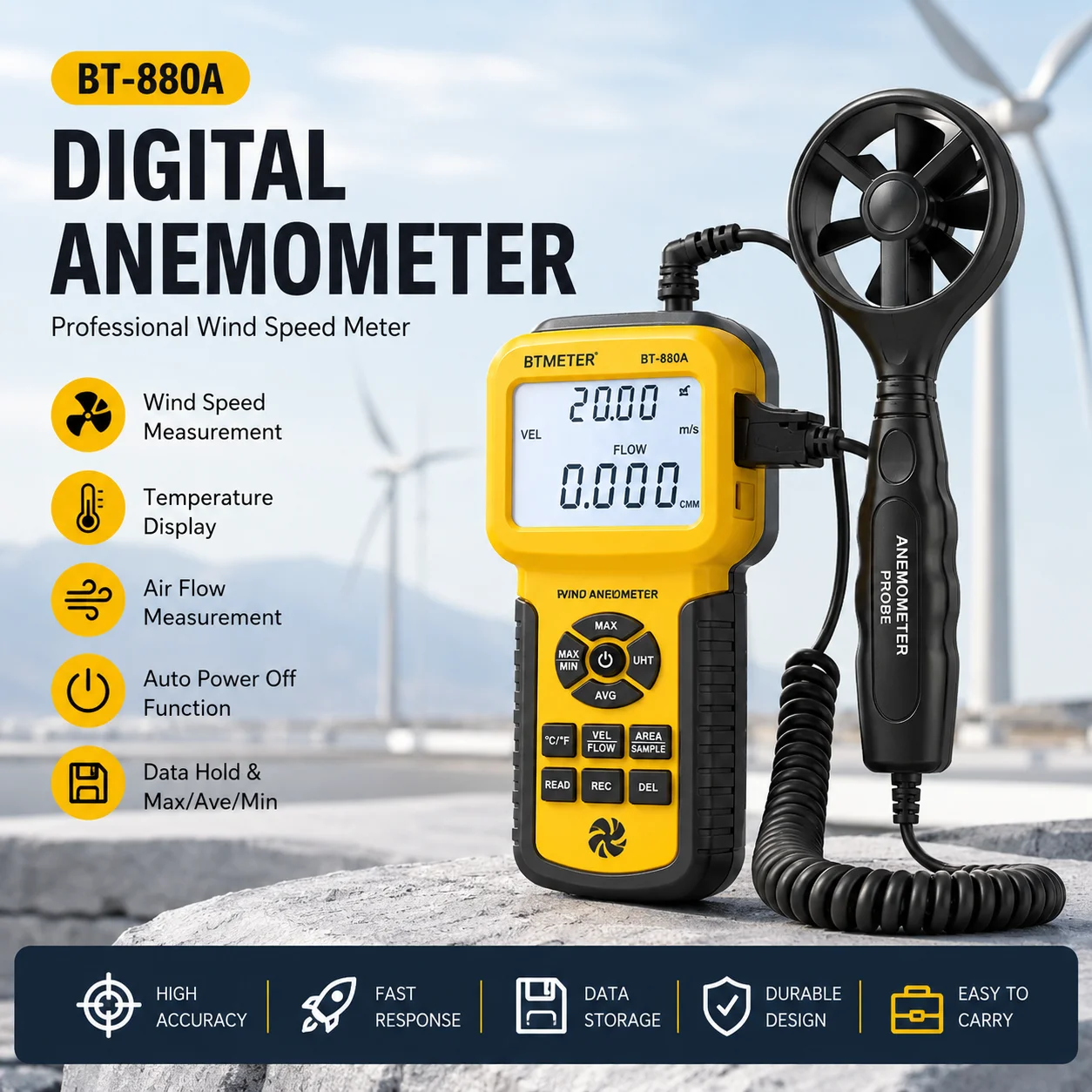 

HVAC Anemometer Wind Speed Flow Meter CFM Air Velocity Temp Tester with Backlight for Drone Sailing HVAC Ventilation
