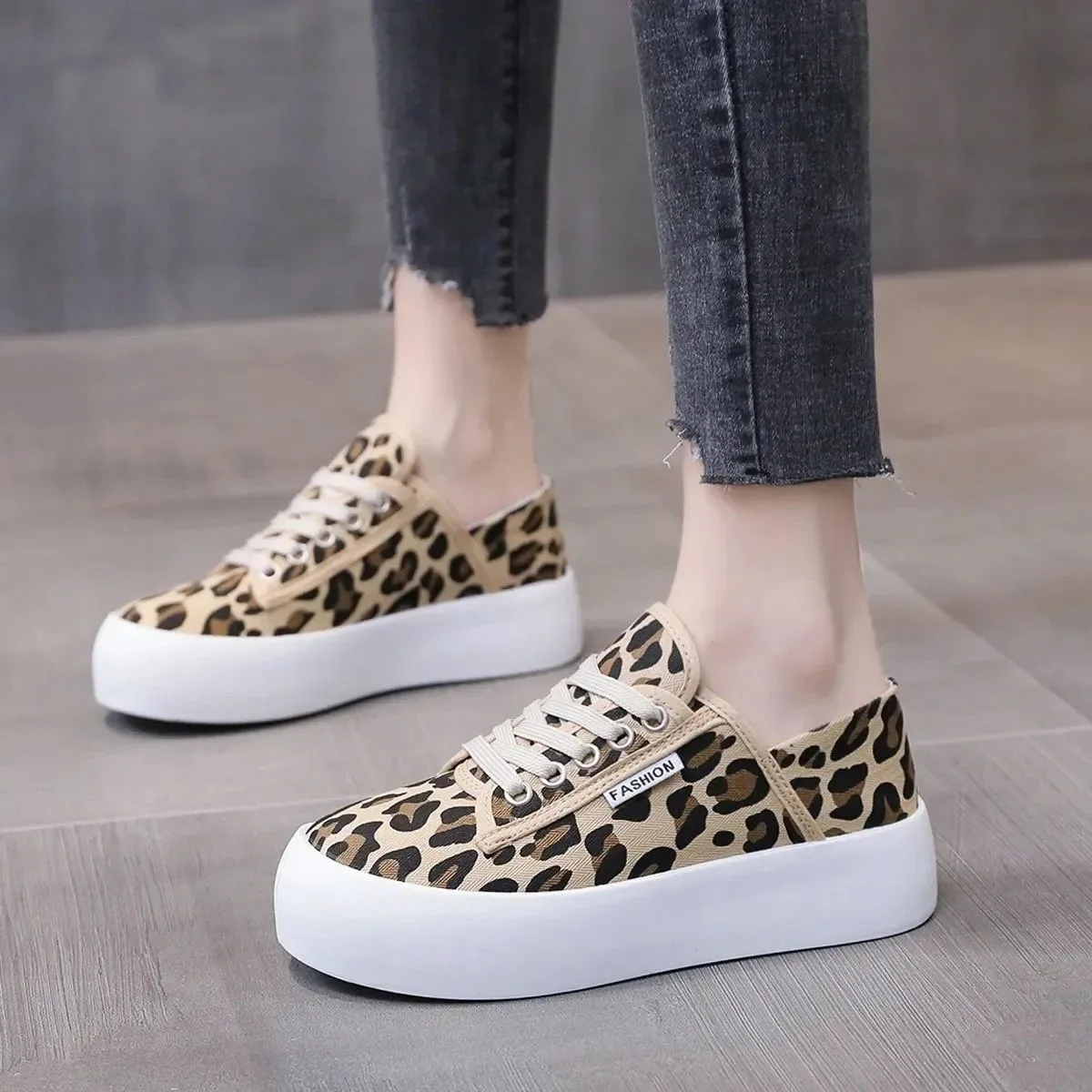 canvas platform shoes women korean leopard sneakers thick sole lace up Slip on casual shoes woman walking loafers espadrilles ﻿