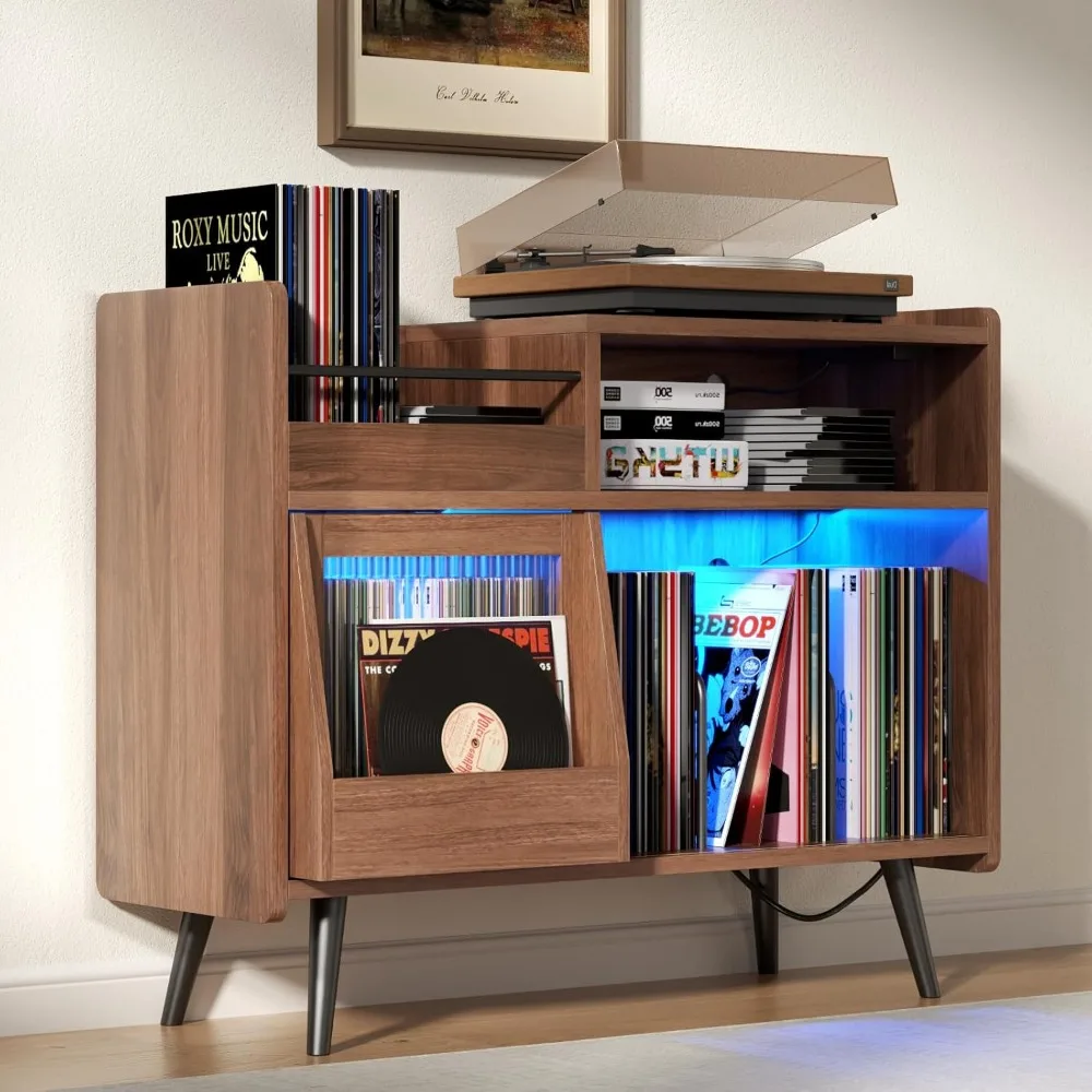 

Large Record Player Stand with Sliding Door,Turntable Stand Shelf with Charging Station and LED Light,350 Albums Vinyl Record St