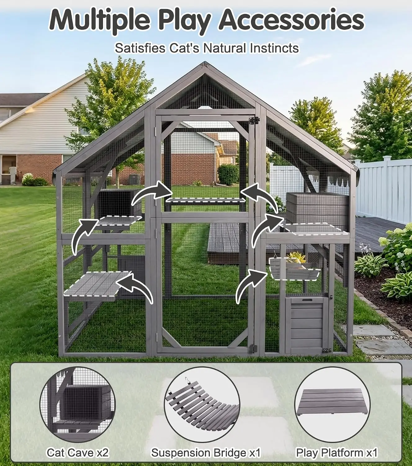 Large Outdoor Cat Enclosure Weatherproof House Waterproof Roof Multiple Platforms Cave Hammock Patio Backyard 70