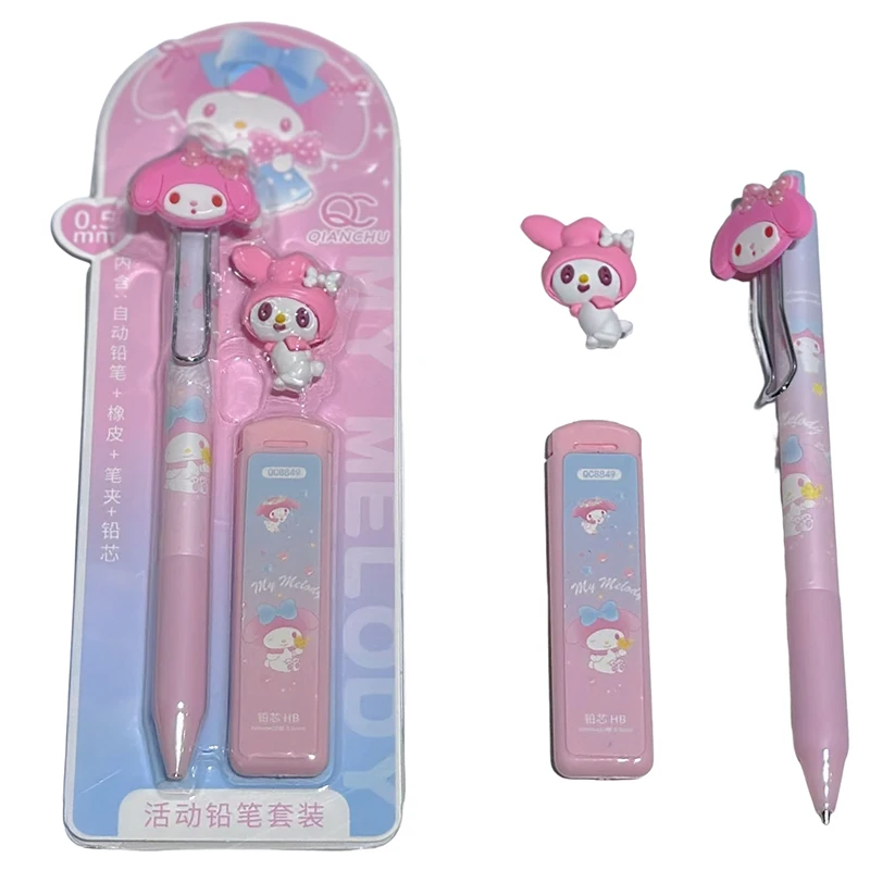 1Set Sanrio Melody Kuromi Cinnamoroll Pochacco 0.5mm Mechanical Pencil Eraser Stationery Set High Face Value Automatic Pencil