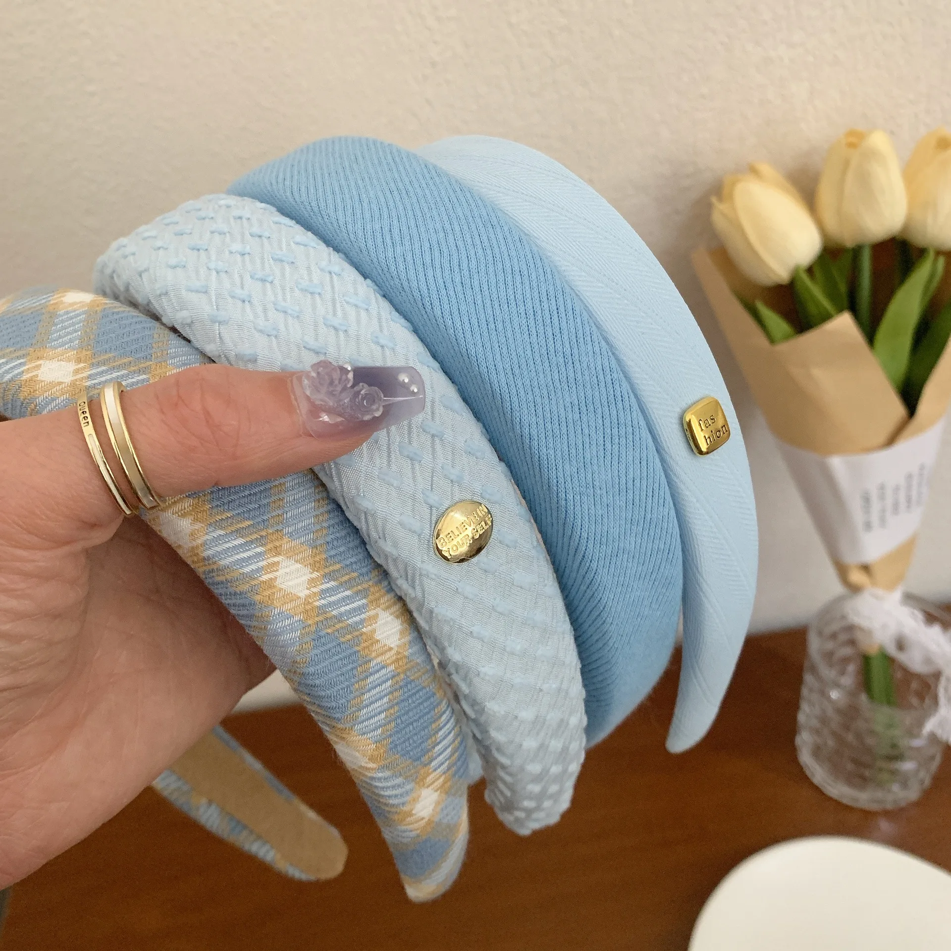 New Korean Style Sponge Headband for Women Elegant Gold Label Blue Wide Brimmed Hair Band Fashion Girl Face Wash Hair Hoop