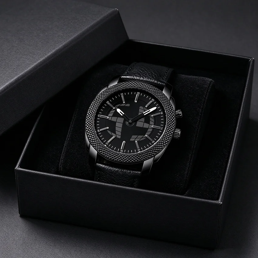 Luxury Black Bezel Men Quartz Watch Black Dial Leather Strap Business Male Wristwatch Fashion Casual Mens Watch Reloj Hombre