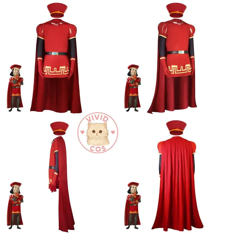 

Halloween Cosplay Costume Anime Lord Farquaad Red Uniform Suit Classic Character Role Play Outfit Men Anime Con Halloween Party
