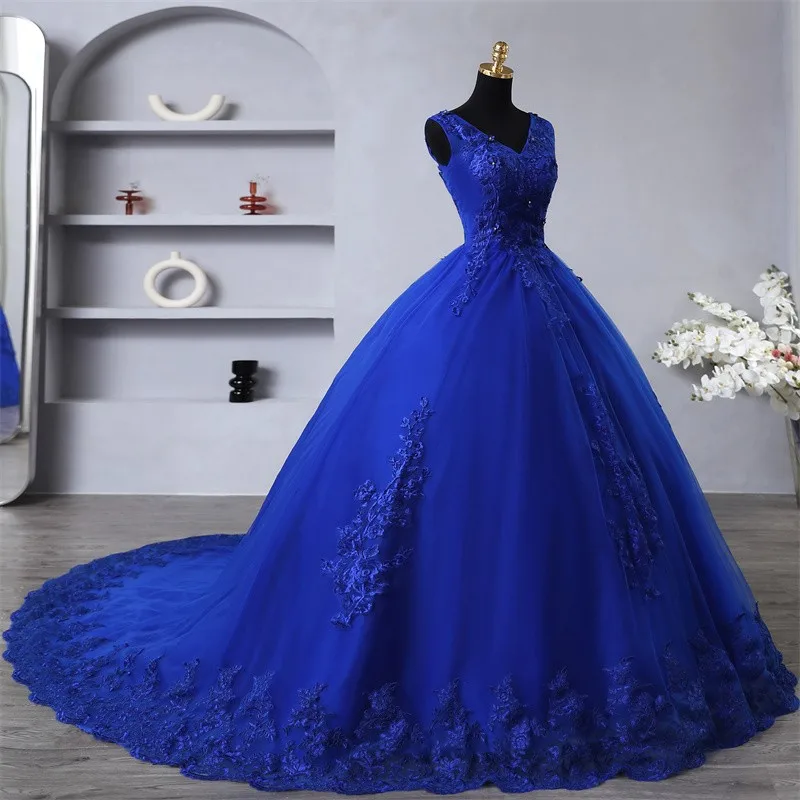 Vestido de quinceañera azul personalizado con Trian o suelo, elegante vestido de baile con cuello en V, vestido de fiesta de lujo, vestido de graduación de talla grande