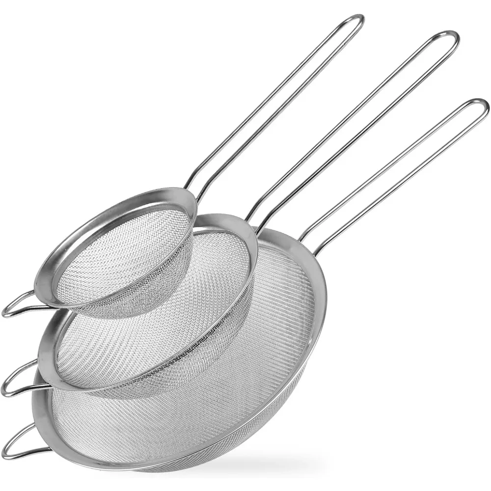 3 Pack Strainer Set Fine Mesh Extra Fine Mesh Strainers, Large, Medium & Small Sifters, Ideal for Pasta, Rice