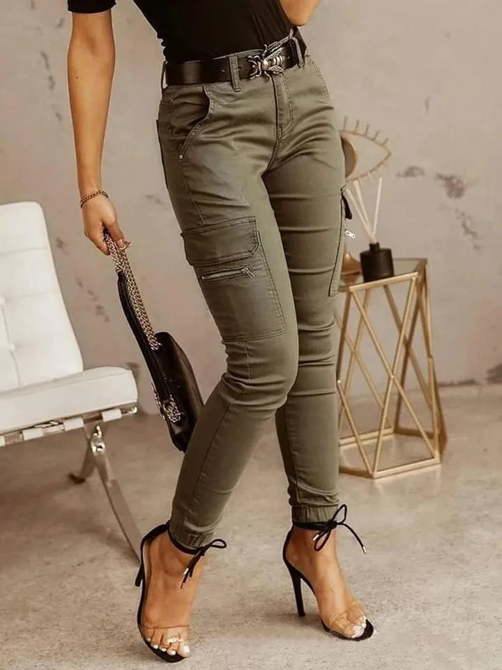 

Fashion Woman Work Trousers Spring Autumn Casual Multi-Pocket Tight Foot Trousers Low-waist Button Solid Color Women's Leggings