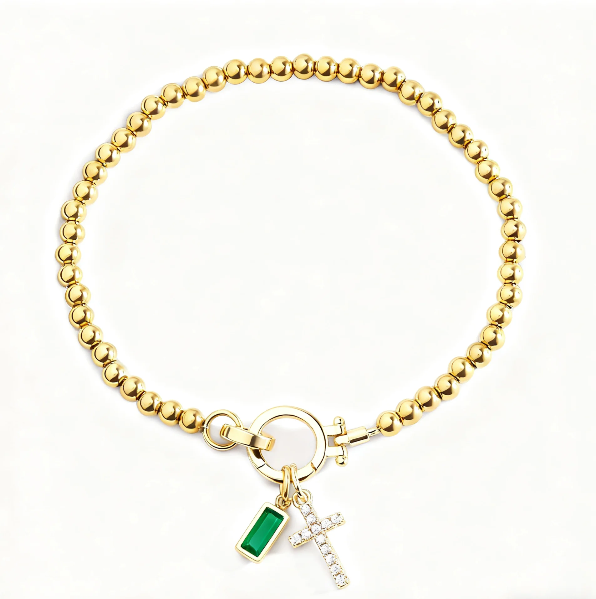 

Elegant Birthstone Cross Charm Bracelet 18K Gold Plated Cubic Zirconia Beaded Chain Adjustable Jewelry Gift for Mom Daughter