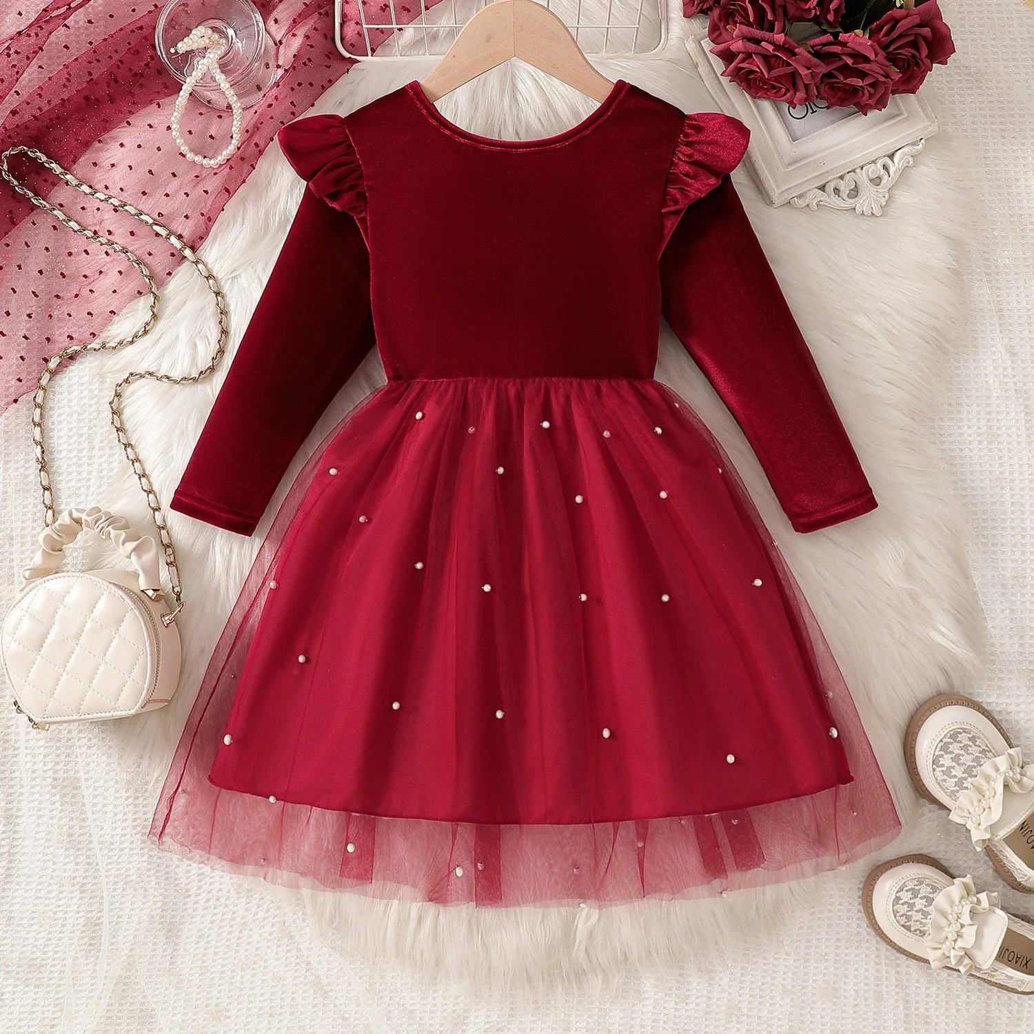 Girls' Red Bow Velvet Dress Autumn Winter Thickened Warm Birthday Dresses Christmas Girls' Beaded A-line Princess Gowns