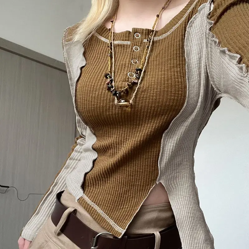 Patchwork Contrast Irregular Tops Tees Spring New Long Sleeve Slit Hem Slim Fashion Short T Shirts Trend Y2K Women Clothing