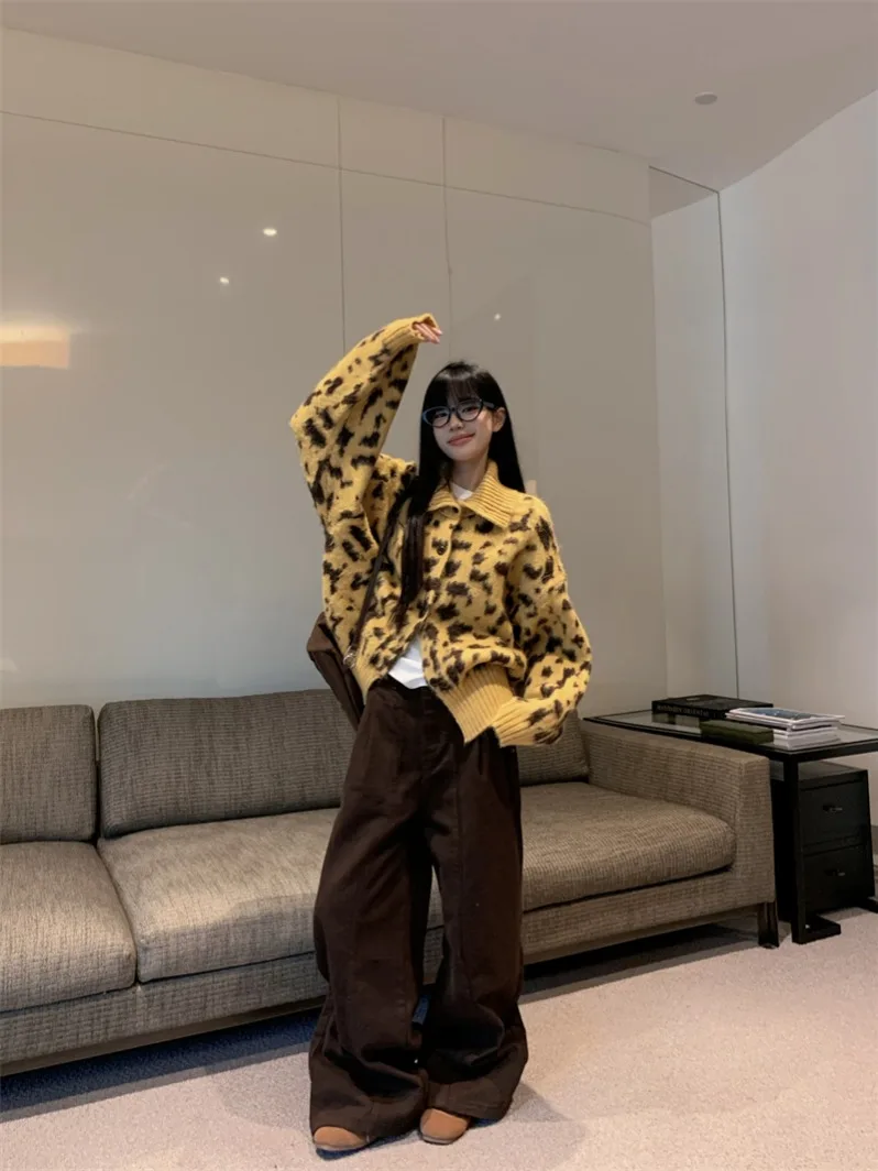 Autumn Winter New Women's Turtleneck Leopard Print Sweater Cardigan Korean Style Single Breasted Loose Knitted Coat