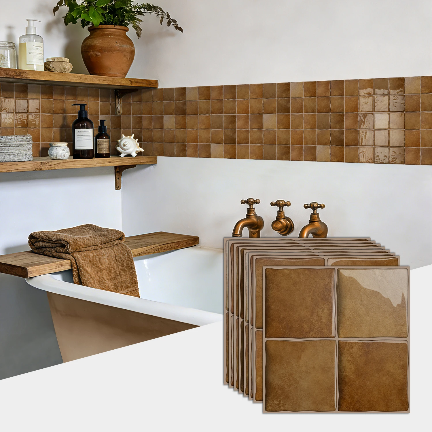 

3D Epoxy Brown Tile Wall Stickers (6x6inch) Self-Adhesive PET+PU Waterproof Decor for Kitchen Bathroom
