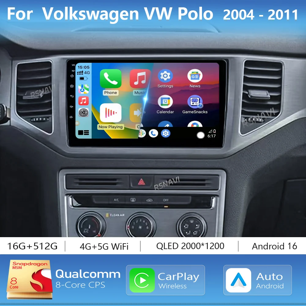 Android 16 Carplay Auto 2K Screen Car Radio Multimedia For Volkswagen VW Polo 2004-2011 WIFI+4G DSP Autoradio Stereo Head Unit