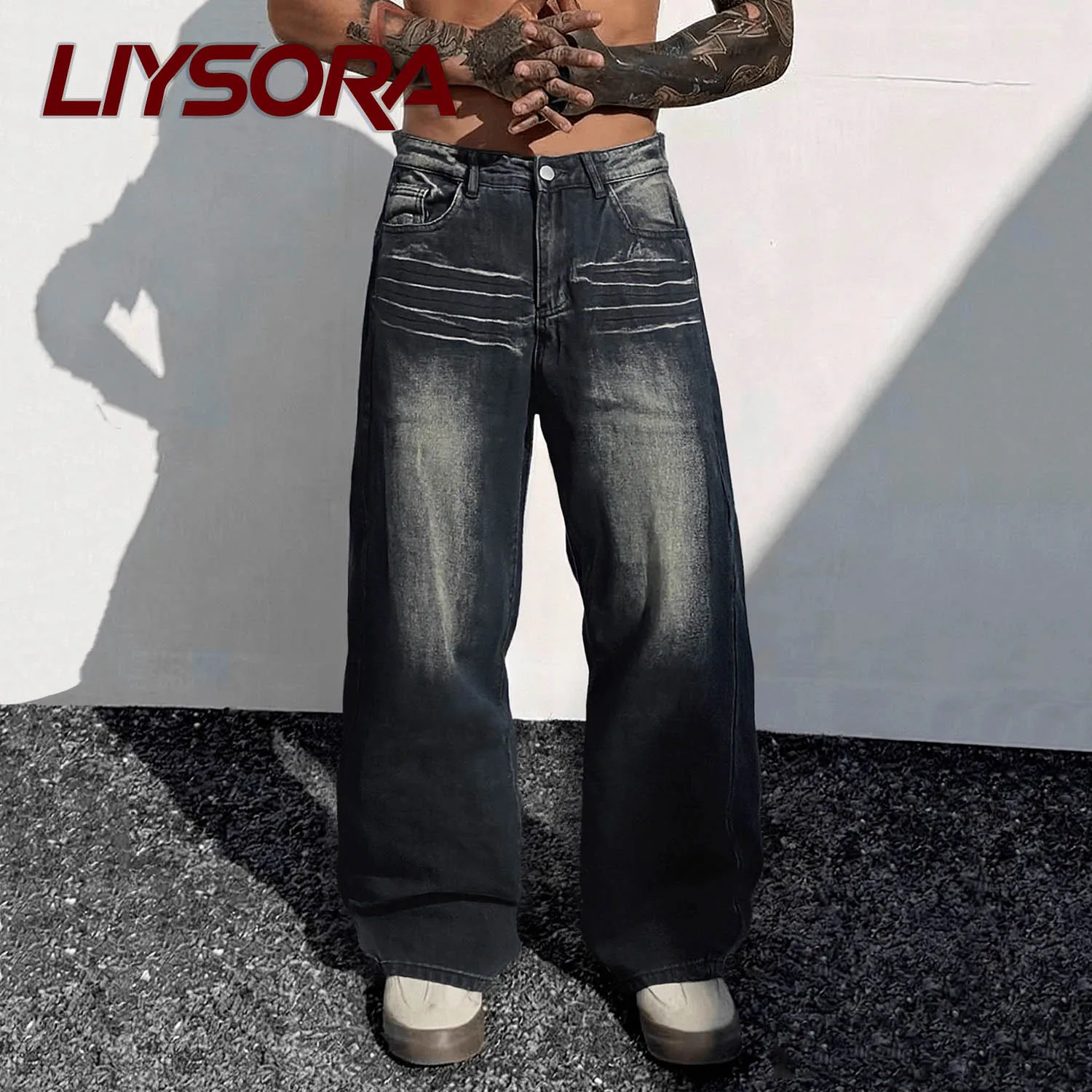 

American Men's Retro Black Business Casual Baggy Wide Leg Jeans Korean Street Daily Work Clothes Denim Pants Unisex Stacked Jean