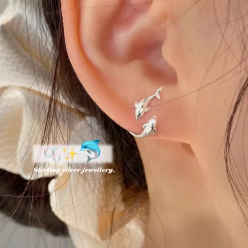 VENTFILLE 925 Sterling Silver Dolphins Earrings for Women Ear Stud Creative Design Smooth Aesthetic Jewelry Gift Dropshipping view 2