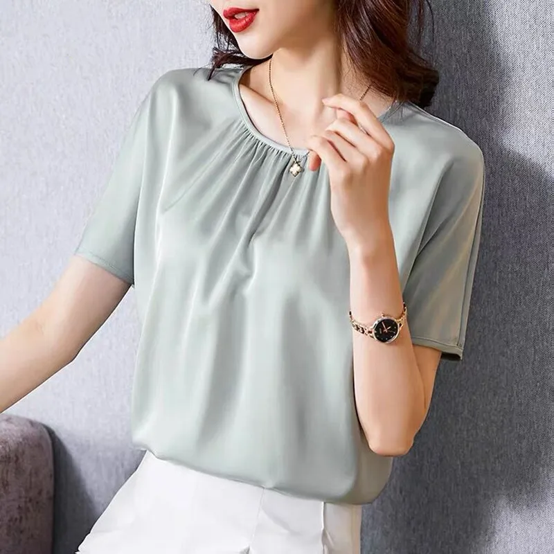 Summer Office Women's Chiffon Blouse plus Size Short Sleeve Acetate Satin Artificial Silk Fashion Top Lady Moda Blsuas Mujer