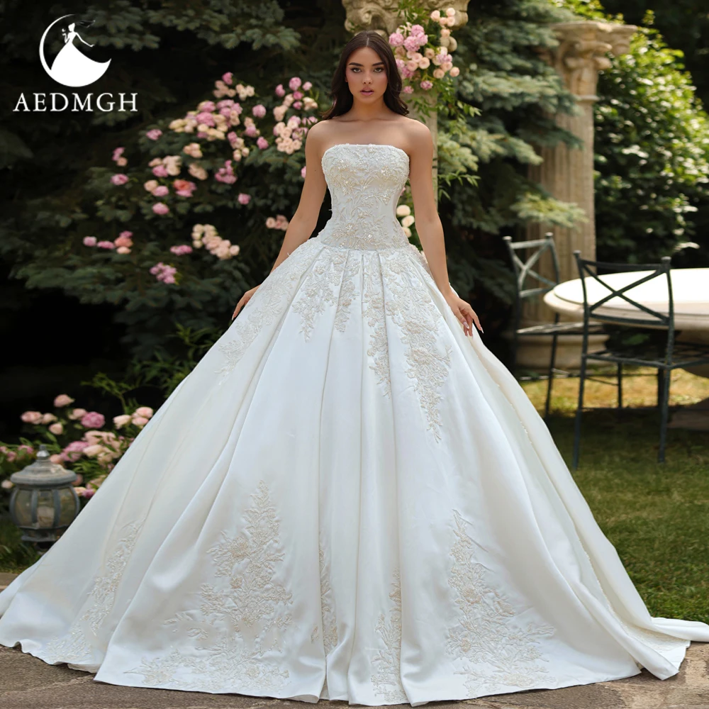 Aedmgh a linha vestidos de casamento delicados sem alças vestido de novia rendas apliques cetim fosco vintage feito sob encomenda vestido de noiva