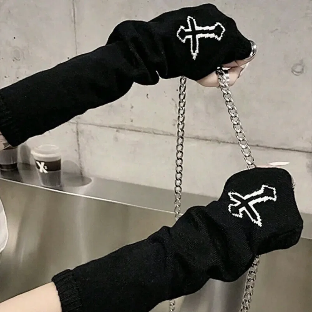 فاسق EMO نمط الشارع الشهير النساء المعصم الذراع أدفأ محبوك طويل أصابع قفازات سوداء القفاز هالوين الصليب قفازات #4