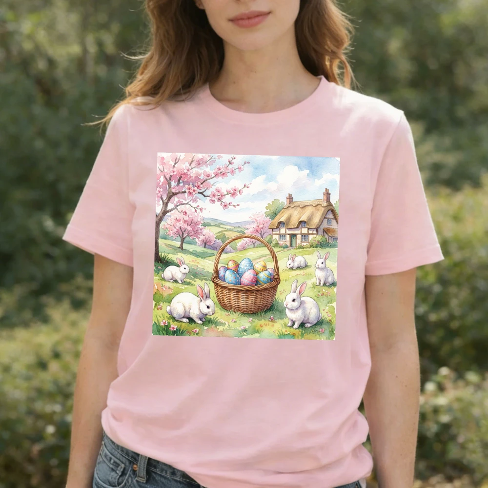 Watercolor Easter T-Shirt Countryside Bunny Egg Basket with Cherry Blossom Cottage Graphic Breathable Cotton Casual Streetwear