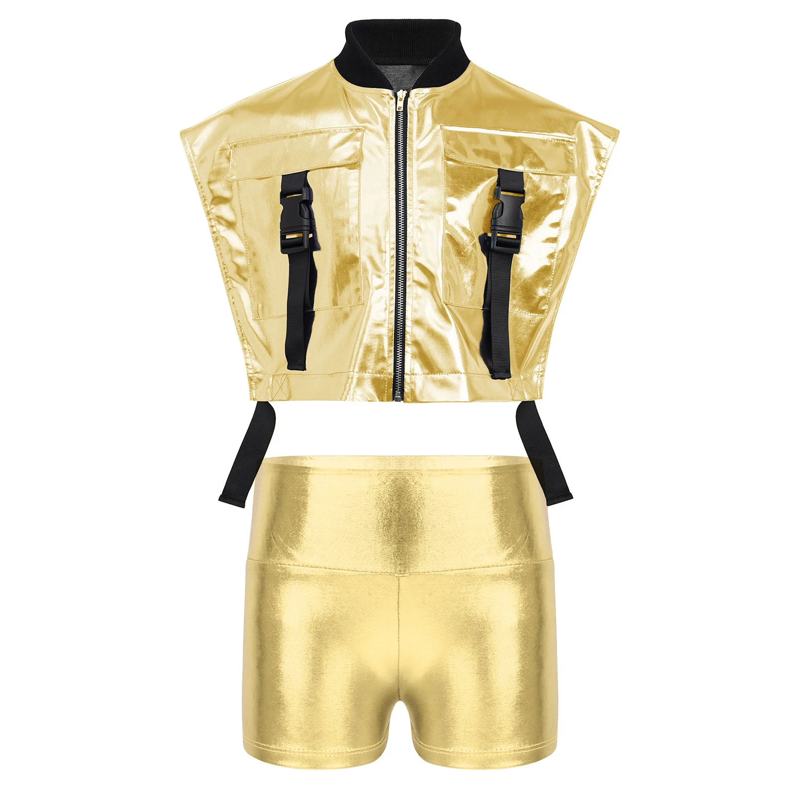 #6-16 Kids Girls Jazz Hip Hop Dance Stage Performance Outfit Sleeveless Metallic Vest with High Waist Shorts Street Dance Wear