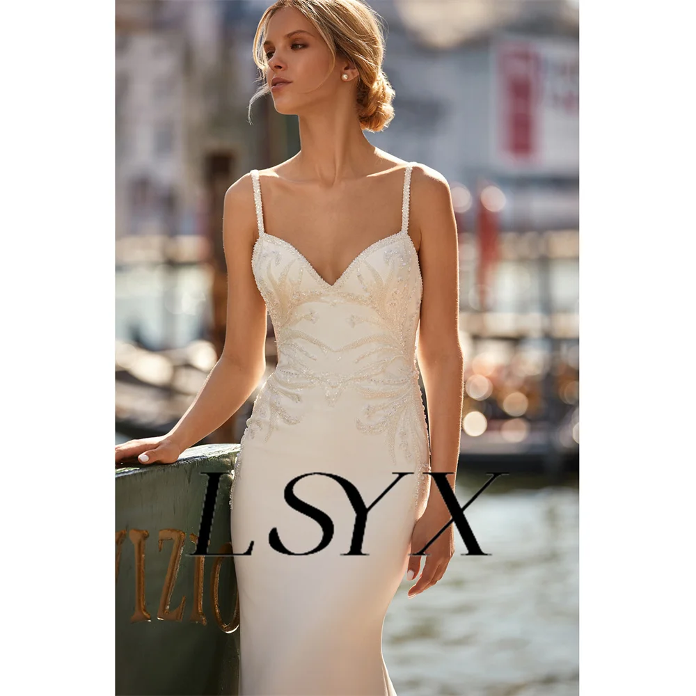 LSYX Sleeveless Spaghetti Straps V-Neck Lace Appliques Crepe Mermaid Wedding Dress For Women Open Back Floor Length Bridal Gown