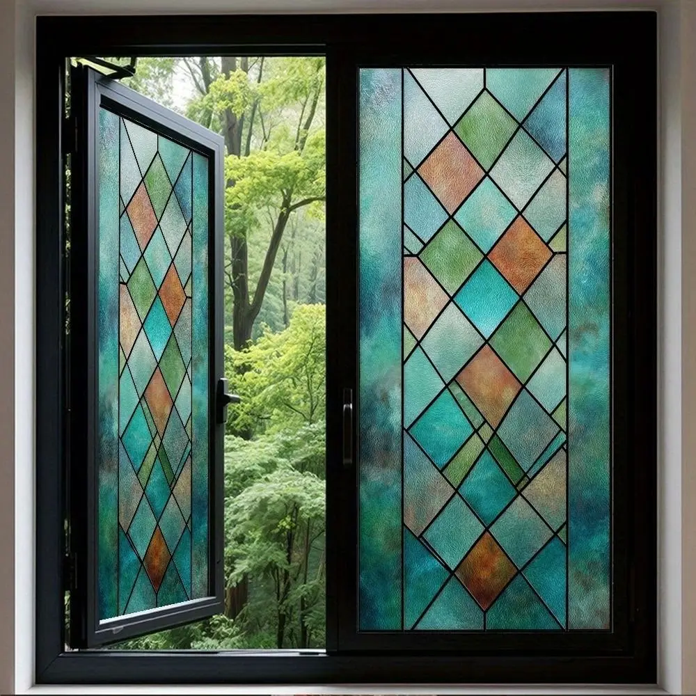 Static Cling Lattice Window Film Non-Adhesive 3D Design Stained Glass Film Rainbow Pattern Anti-Glare Decorative Window Film