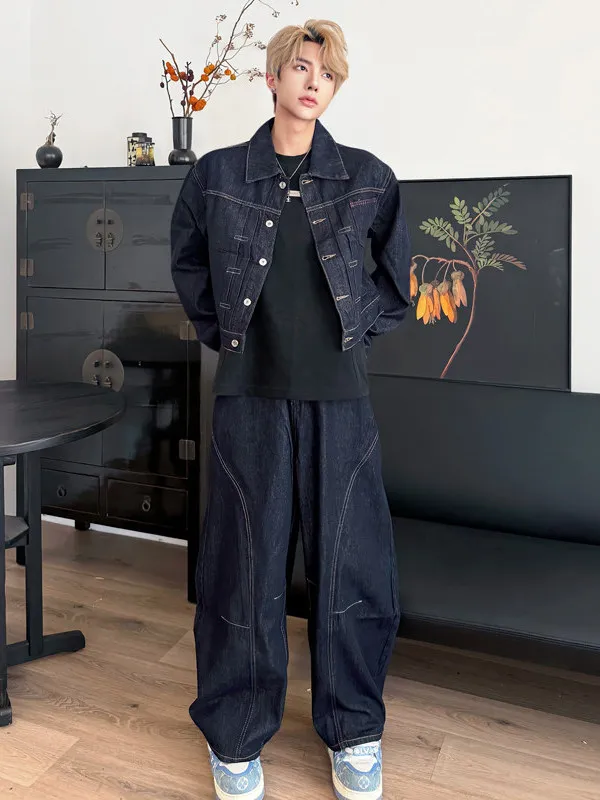 

TANGZ Studio American Sle ort Denim Jaet Men's High-End Feel Collar Jaet Stitch Design Faionable Set
