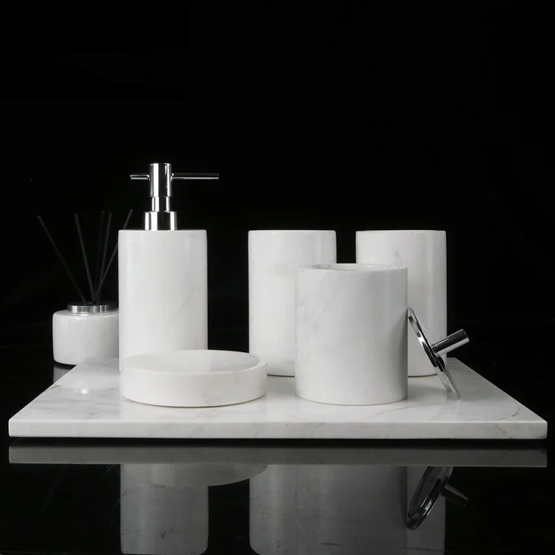 Volakos White Natural Marble Bathroom Accessories Sets Soap Dispenser Soap Dish Toilet Brush Tissue Box Vase Tray Kit Bathroom