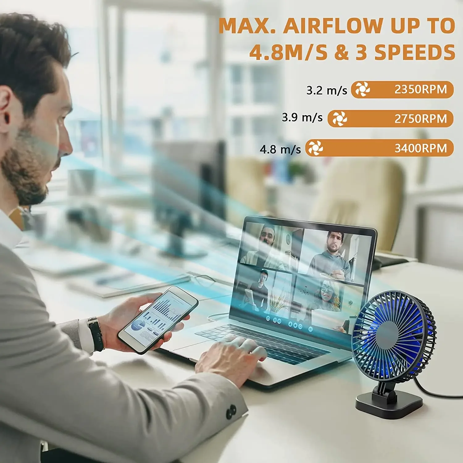 4 Inch Small Desk Fan, Powerful Airflow USB Powered Table Fan Personal Fan for Office,Table, Study, Bedroom