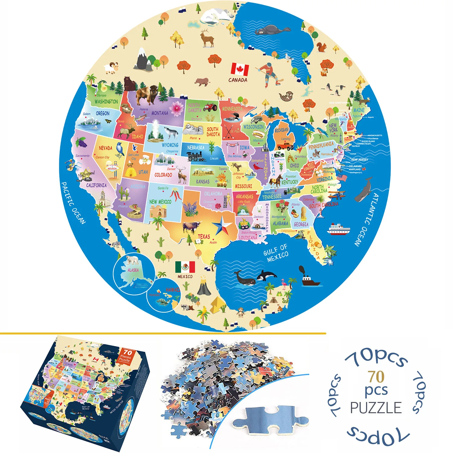 Puzzles de la carte des États-Unis pour adultes et enfants, jeux de sol amusants, décoration d'intérieur, jouets pour la famille, 70 pièces