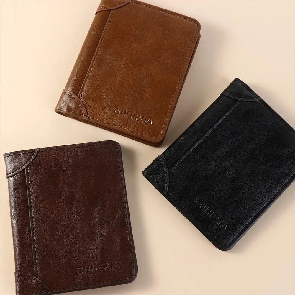 Leather 2 Fold Wallets Solid Color Soft Anti-theft Cash Bag Credit Card Case ID Badge Holder Men's Short Wallet Daily Use