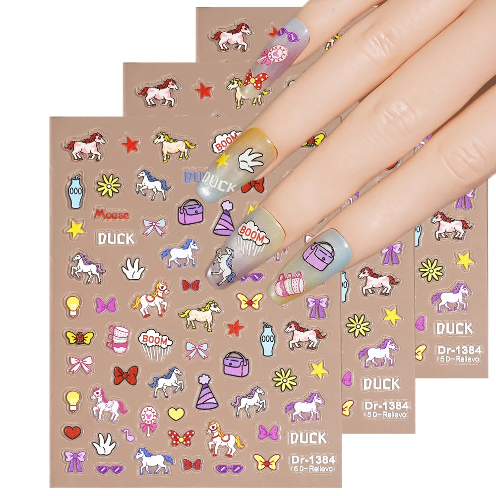 1/5/10 Stück niedliche Cartoon-Pony-Einhorn-Blume, Herz, Schleife, Nagelaufkleber, 5D-geprägte Aufkleber für Frauen, DIY-Maniküre, selbstklebendes Dekor