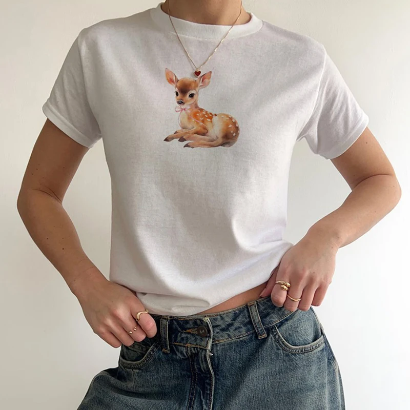 Punk Street Clothing Slim Fit T-shirt Retro Women's Deer Print Beautiful and Cute Baby T-shirt Y2K Clothes Gothic Emo Girls